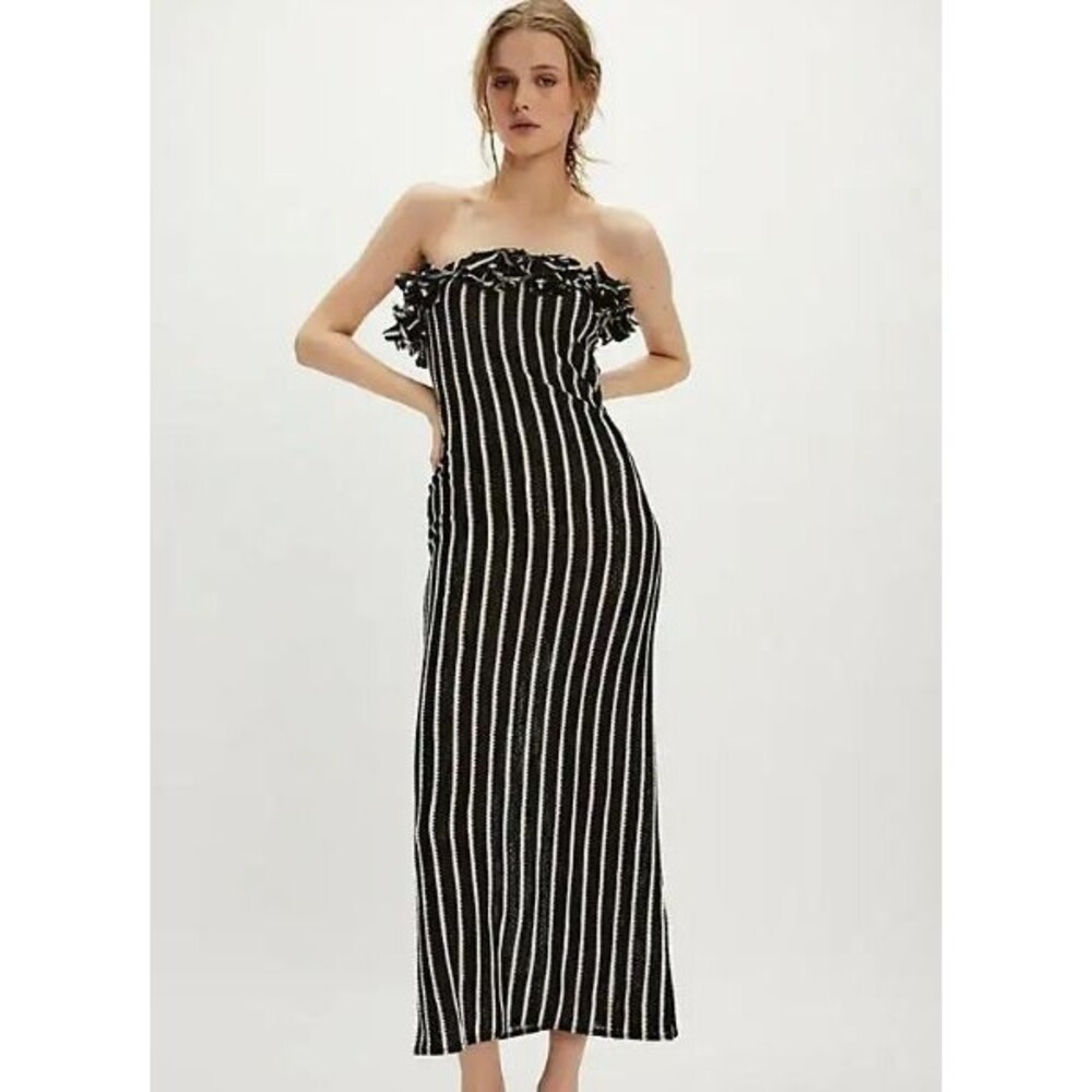 Tach Anissa Knitted Fabric Crochey Black White Striped Maxi Dress Medium